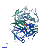 PDB entry 3mbq coloured by chain, side view.