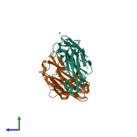 PDB entry 3mbx coloured by chain, side view.