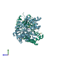 PDB entry 3mc1 coloured by chain, side view.