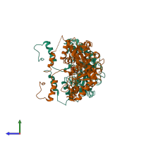 PDB entry 3mc6 coloured by chain, side view.