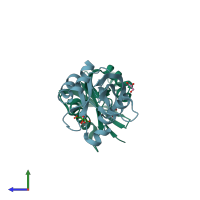 PDB entry 3mcf coloured by chain, side view.