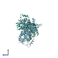 PDB entry 3mco coloured by chain, side view.