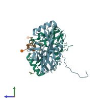 PDB entry 3mdg coloured by chain, side view.