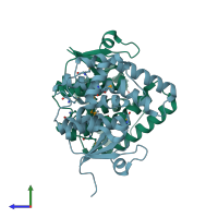 PDB entry 3mdk coloured by chain, side view.