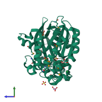 PDB entry 3mdq coloured by chain, side view.