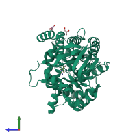PDB entry 3mdu coloured by chain, side view.
