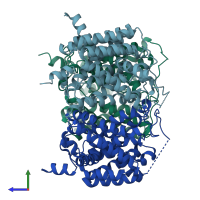 PDB entry 3me1 coloured by chain, side view.