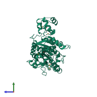 PDB entry 3me5 coloured by chain, side view.