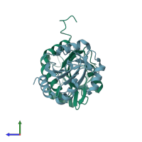 PDB entry 3me8 coloured by chain, side view.