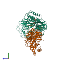 PDB entry 3meg coloured by chain, side view.