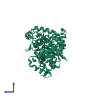 PDB entry 3mem coloured by chain, side view.