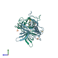 PDB entry 3mev coloured by chain, side view.
