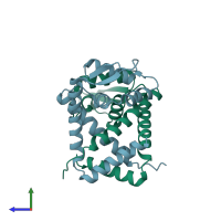 PDB entry 3mex coloured by chain, side view.