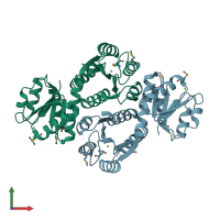 PDB entry 3mf4 coloured by chain, front view.