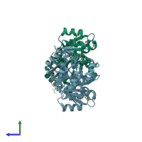 PDB entry 3mf4 coloured by chain, side view.