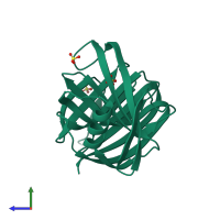 PDB entry 3mf6 coloured by chain, side view.