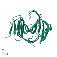 PDB entry 3mfa coloured by chain, front view.