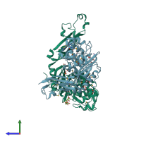 PDB entry 3mfd coloured by chain, side view.