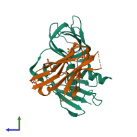 PDB entry 3mfg coloured by chain, side view.