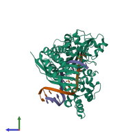 PDB entry 3mfh coloured by chain, side view.