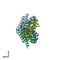PDB entry 3mfn coloured by chain, side view.