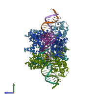 PDB entry 3mgv coloured by chain, side view.