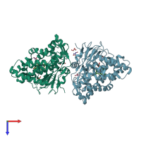 PDB entry 3mgx coloured by chain, top view.