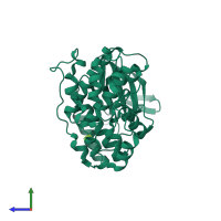 Monomeric assembly 1 of PDB entry 3mh3 coloured by chemically distinct molecules, side view.