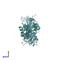 PDB entry 3mhj coloured by chain, side view.