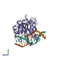 PDB entry 3mht coloured by chain, side view.