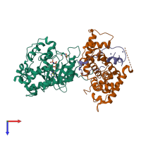 PDB entry 3mia coloured by chain, top view.
