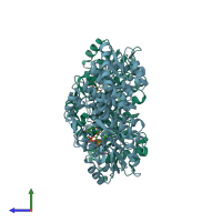 PDB entry 3mje coloured by chain, side view.