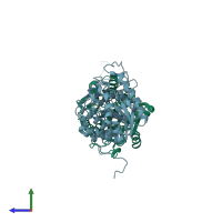 PDB entry 3mjl coloured by chain, side view.