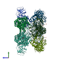PDB entry 3mkv coloured by chain, side view.