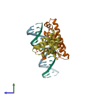 PDB entry 3mkw coloured by chain, side view.