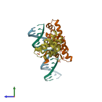 PDB entry 3mky coloured by chain, side view.