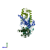 PDB entry 3mlf coloured by chain, side view.