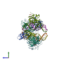 PDB entry 3mlp coloured by chain, side view.