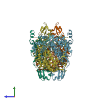 PDB entry 3mma coloured by chain, side view.