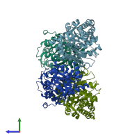 PDB entry 3mmt coloured by chain, side view.
