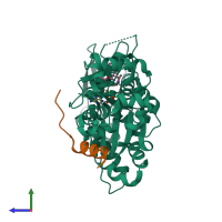 PDB entry 3mn5 coloured by chain, side view.