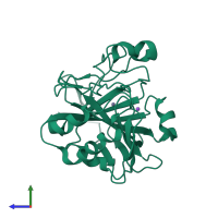 PDB entry 3mnk coloured by chain, side view.