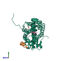 PDB entry 3mnp coloured by chain, side view.