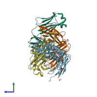 PDB entry 3mnv coloured by chain, side view.