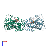 PDB entry 3moz coloured by chain, top view.