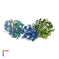 PDB entry 3mp5 coloured by chain, top view.