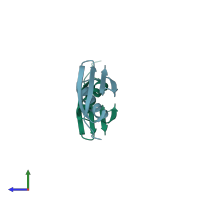 PDB entry 3mp9 coloured by chain, side view.