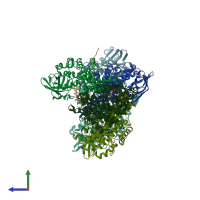 PDB entry 3mpj coloured by chain, side view.