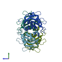 PDB entry 3mpz coloured by chain, side view.