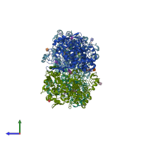 PDB entry 3mqe coloured by chain, side view.